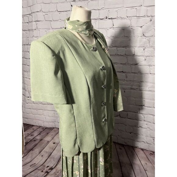 Leslie Fay Vintage 3 Pc Skirt Blazer Scarf Green - Picture 9 of 16